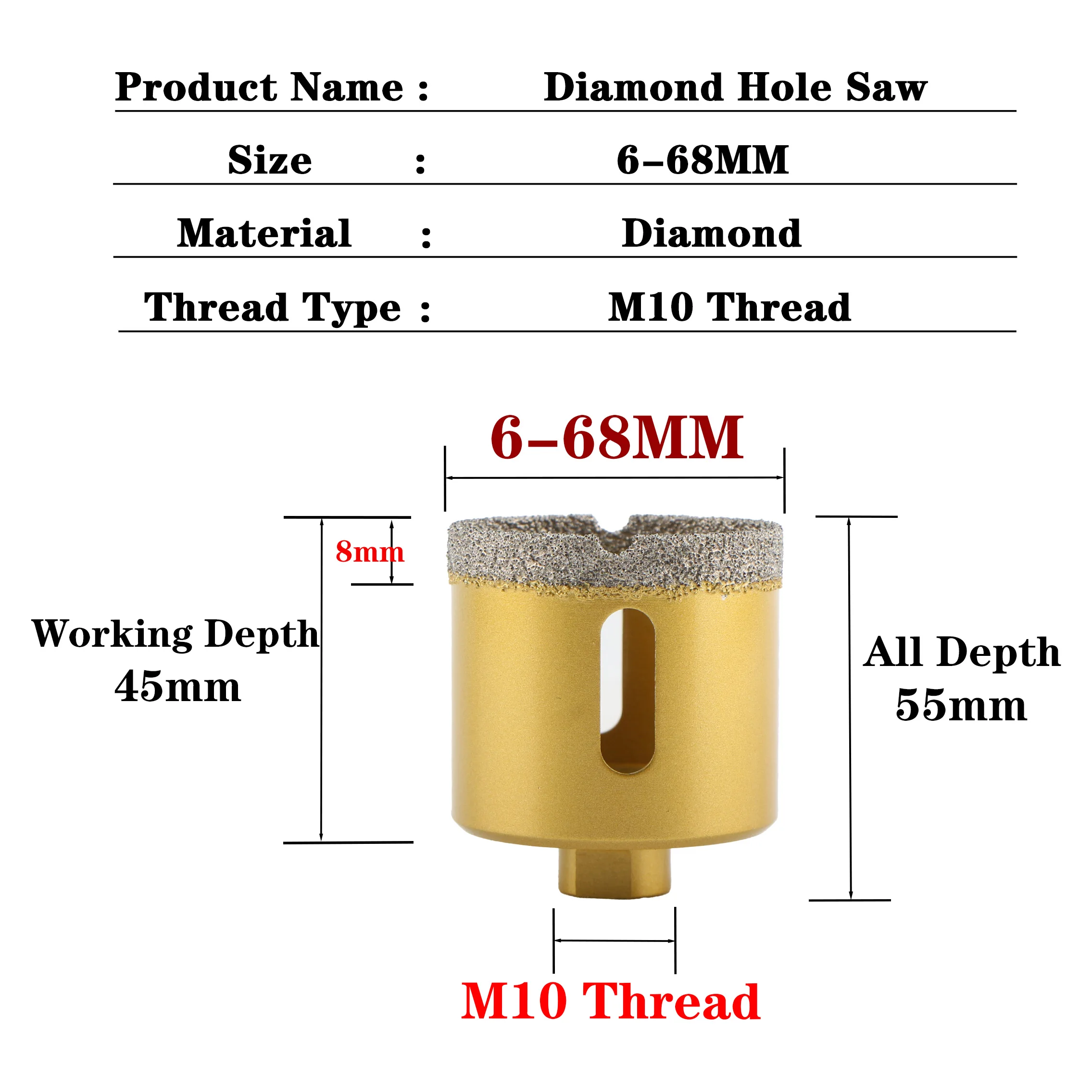 M10 Thread Shank 6-68mm Marble Tile Hole Saw Vacuum Brazed Diamond Drilling Core Bit For Granite Porcelain Brick  Drill Bit Tool