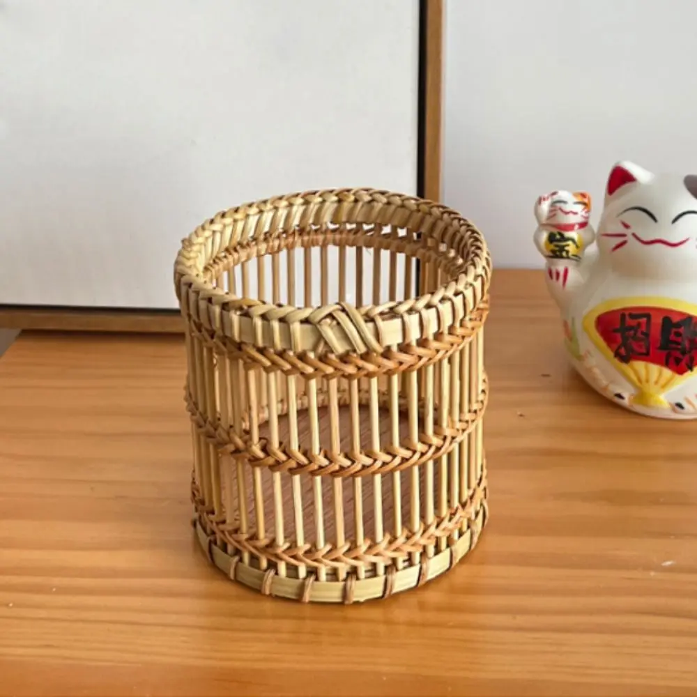 Natural Materials Bamboo Woven Pen Container Tabletop Storage Multi-functional Makeup Brush Container Home Office Handmade