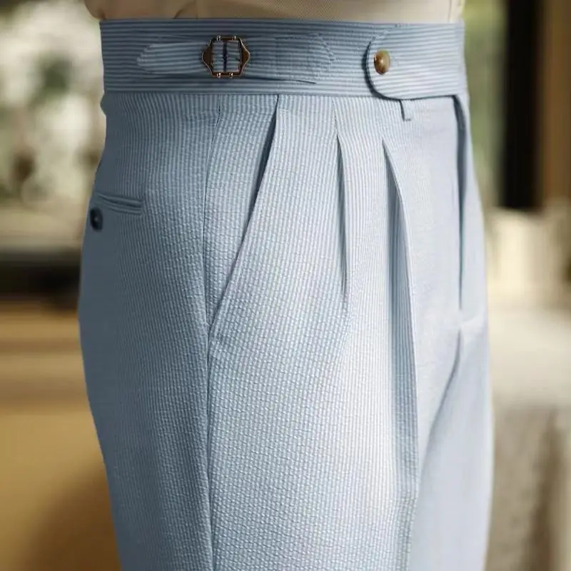 Style italien Naples costume pantalon hommes rayures bleues Seersucker taille haute Paris boucle pan
