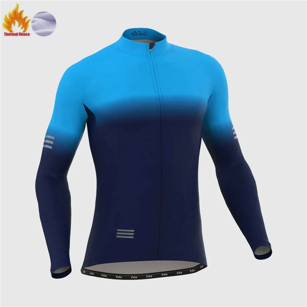 Men's Blue Thermal Fleece Long Sleeve Cycling Jersey Cycling Jacket Clothing Warm Tops Road Bike Outdoor Sports MTB Winter