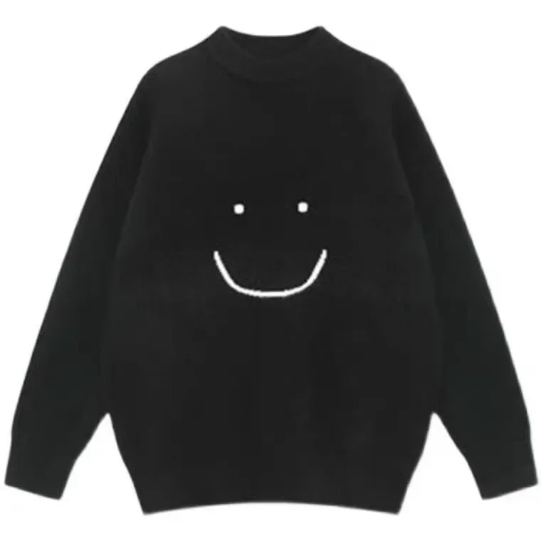 Smiley Knitted Sweater Women Kawaii Harajuku Pullover Autumn Winter Long Sleeve Casual White Jumper Korean Vintage Oversized