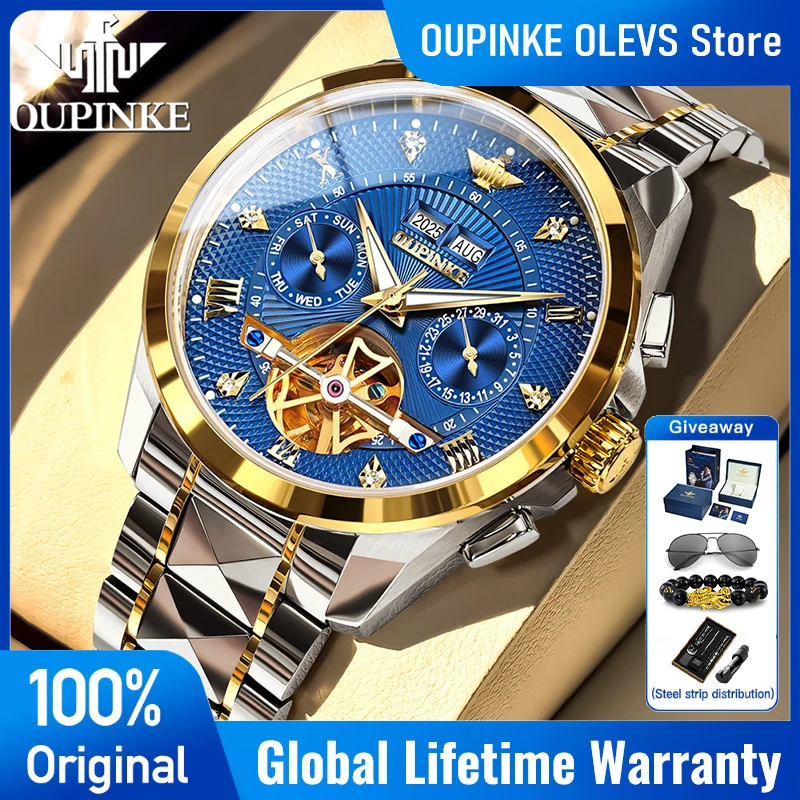 OUPINKE 3270 Watches Man Luxury Flywheel Mechanical Watch 50M Waterproof Multifunctional Chronograph Watch Exquisite Gift Box