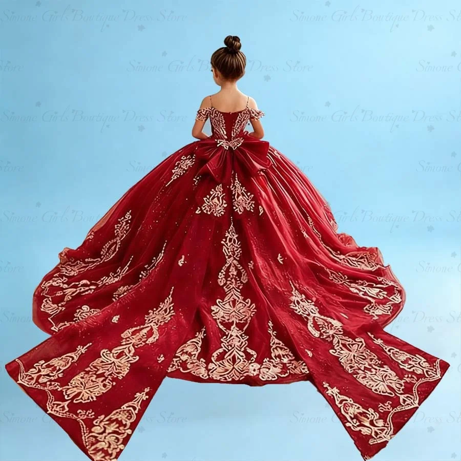 Customized Red Lace Appliques Flower Girl Dresses for Wedding With Train Bow Floor Length Birthday Party First Communion Gowns image 3