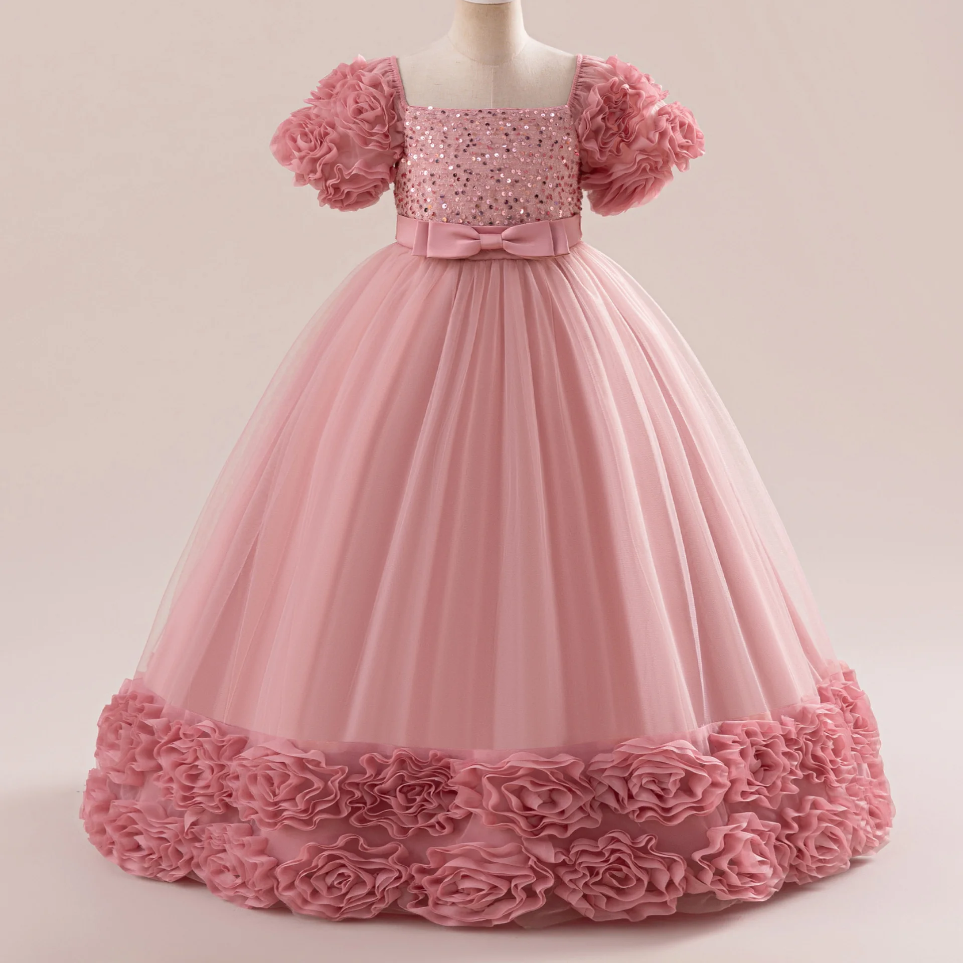 New Girl's Flower Bud Sequin Bow Mesh Bubble Sleeves Long Princess Dress Christmas Halloween School Party Fashion Dress