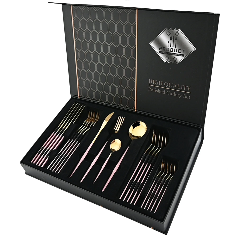 

Luxury 24pcs Pink Gold Dinnerware Set Knives Forks Spoon Flatware Stainless Steel Cutlery Set with Box Western Kitchen Tableware