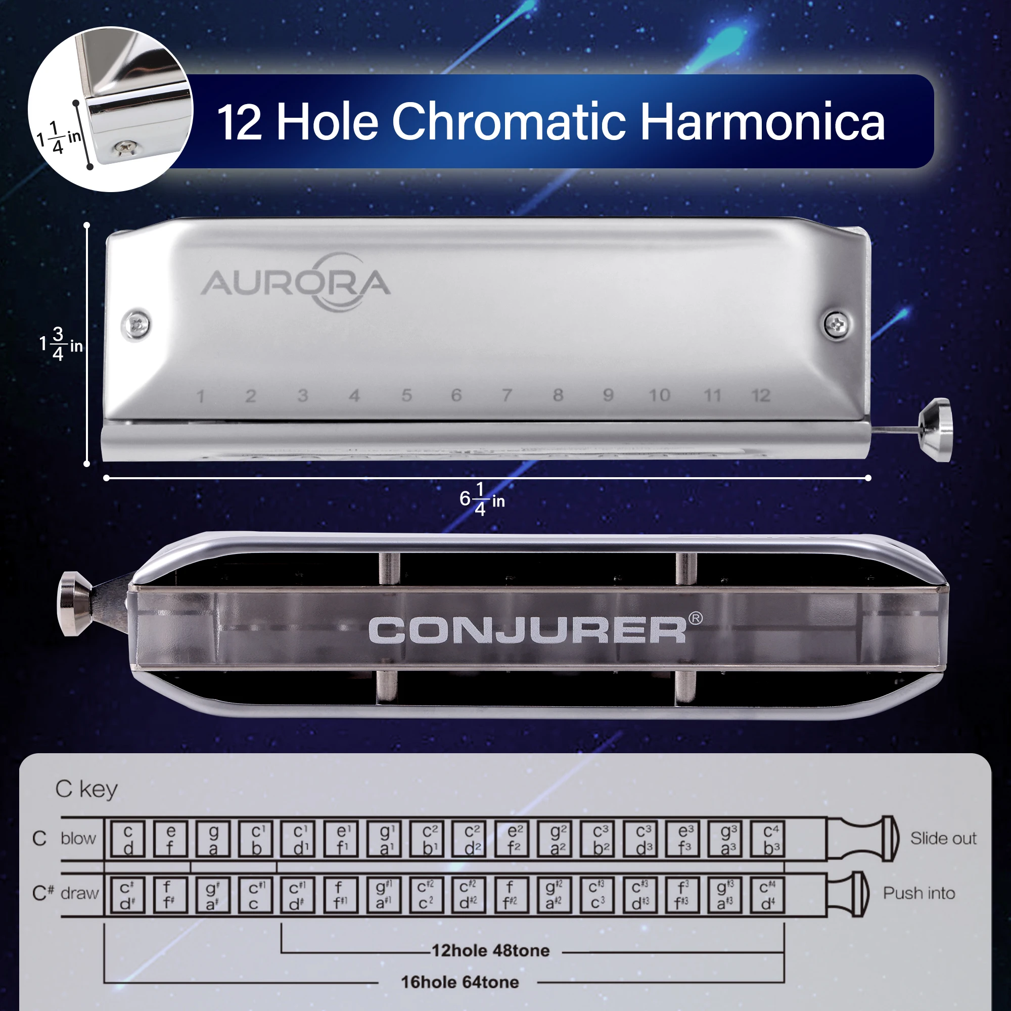 CONJURER Chromatic Harmonica AURORA 12 Holes Advanced High Quality with Different Keys for Professionals Beginners and Gifts