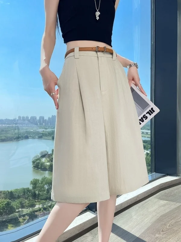 High Waist Wide Leg Pants Women's Casual Loose Texture Folded Five-Point Cotton Linen Blend Summer New Style Simple Style