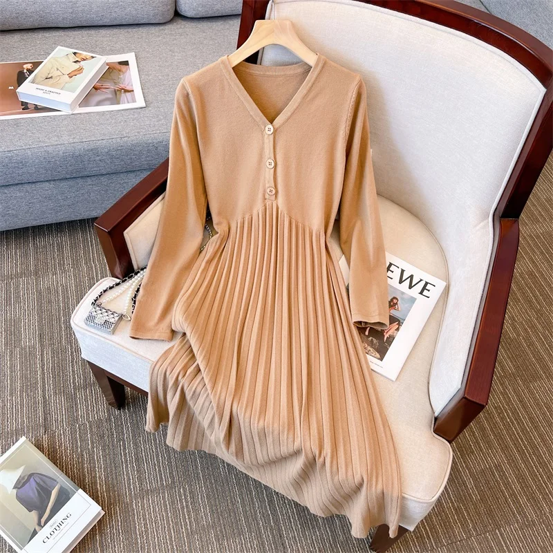 Women Basics Long Sleeves Elegant V-neck Chic Buttons Loose Knitted Pleated Dresses Office Lady Autumn Winter Plus Size Clothing