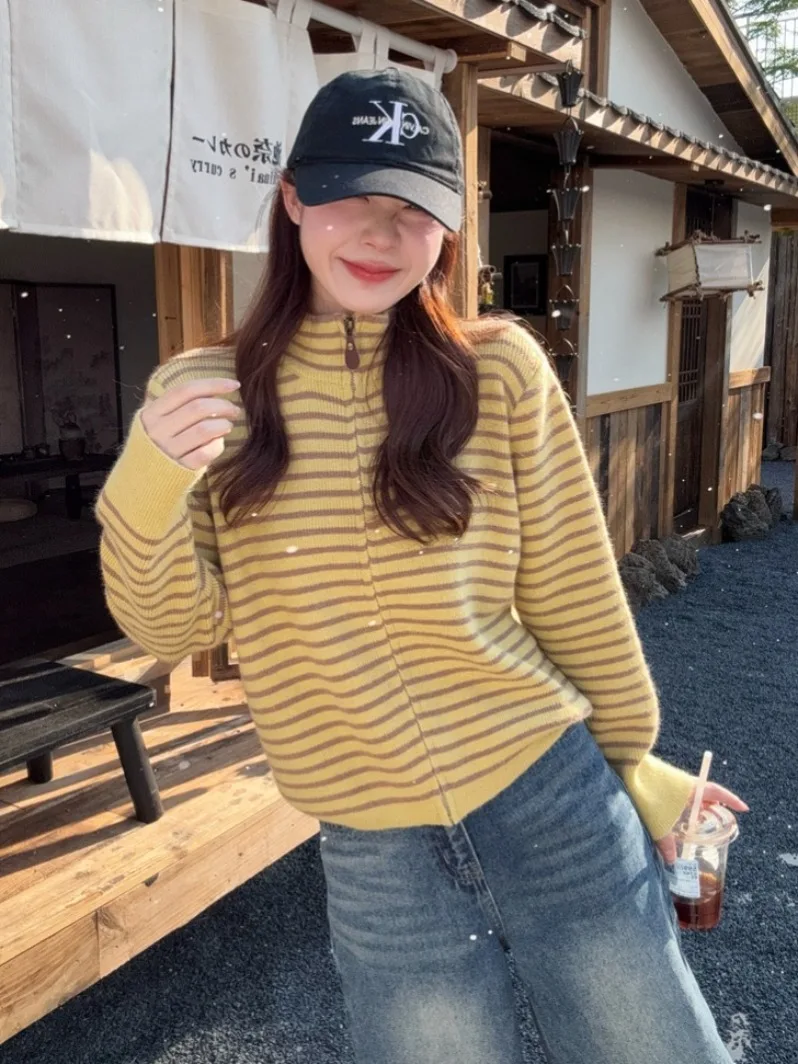 

Korean Color Blo Striped Long Sve Zipper Knitted Soft Women's Sweater Coat Autumn Winter Design Sense Casual Knitwear