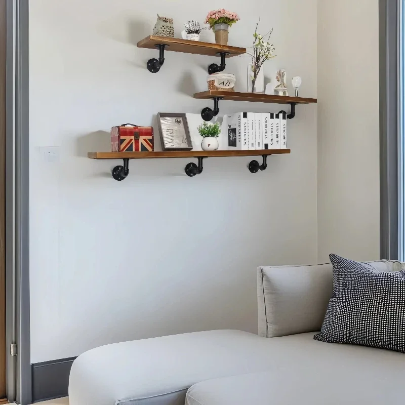 

Shelf wall hanging wrought iron water pipe laminate bookshelf, wall finishing rack baffle solid wood wall storage rack