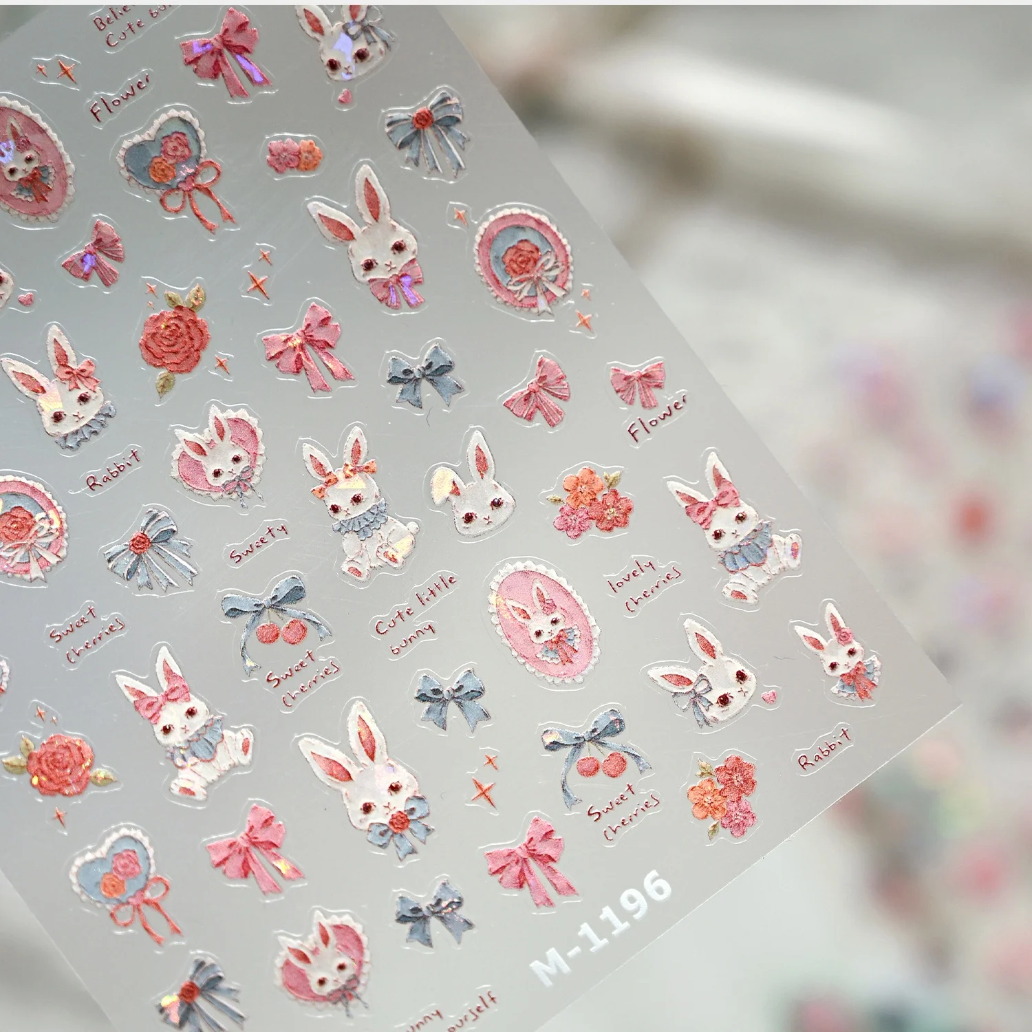 5D Schöne Schillernde Nagelaufkleber Laser-Glänzende Hasen-Schleifen-Rosen-Kirsch-Retro-Lolita Selbstklebende Nagelkunst-Sticker Niedliche Deko-Artikel