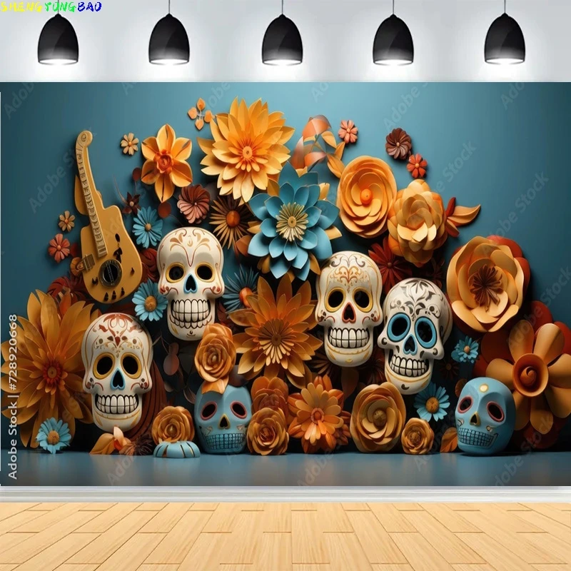 

Day Of The Dead With Floral Ornaments Photography Backdrops Skulls Halloween Magic Costumes Scary Stories Background DV-01