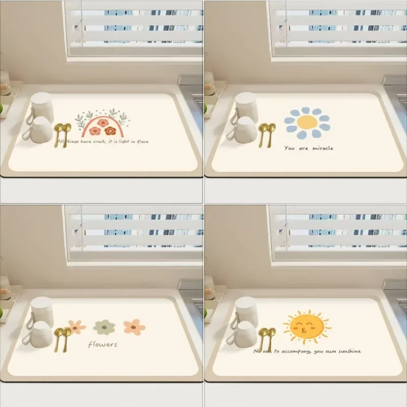 Floral Sun Kieselgur-Erde-Küchenmatte – saugfähige, schnell trocknende, hitzebeständige, rutschfeste Geschirrtrocknungsunterlage für die Arbeitsplatte