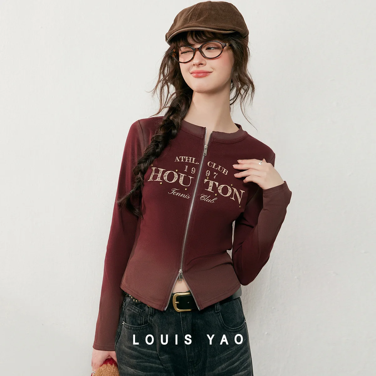 LOUIS YAO Fashion Printed Gradient Color Cardigan 2025 Autumn Casual Micro Elastic Round Neck Letter Zipper Women's Top