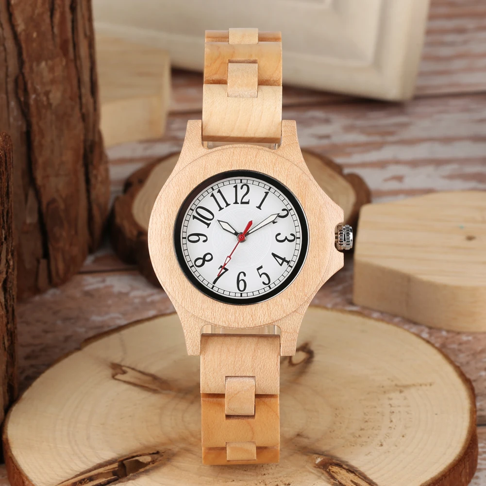 Natural Maple Wood Quartz Ladies Watch Bracelet Clasp Buckle Full Wooden Wristband Arabic Numerals Round Dial Women Watches