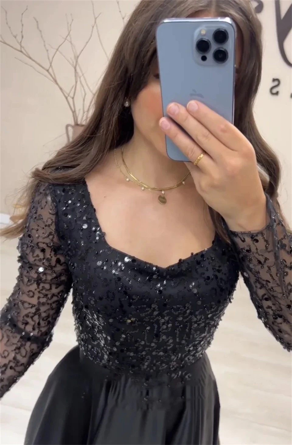 Customized Square Neck Sequined Black A-line Full Sleeves Evening Dresses For Women Sweep Train 2024 Prom Dresses Party Dress