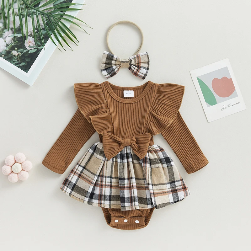 Infant Girl Rompers Dress Plaid Rib Knit Ruffles Long Sleeve Skirt Hem Jumpsuits Newborn Clothes Baby Bodysuits with Headband