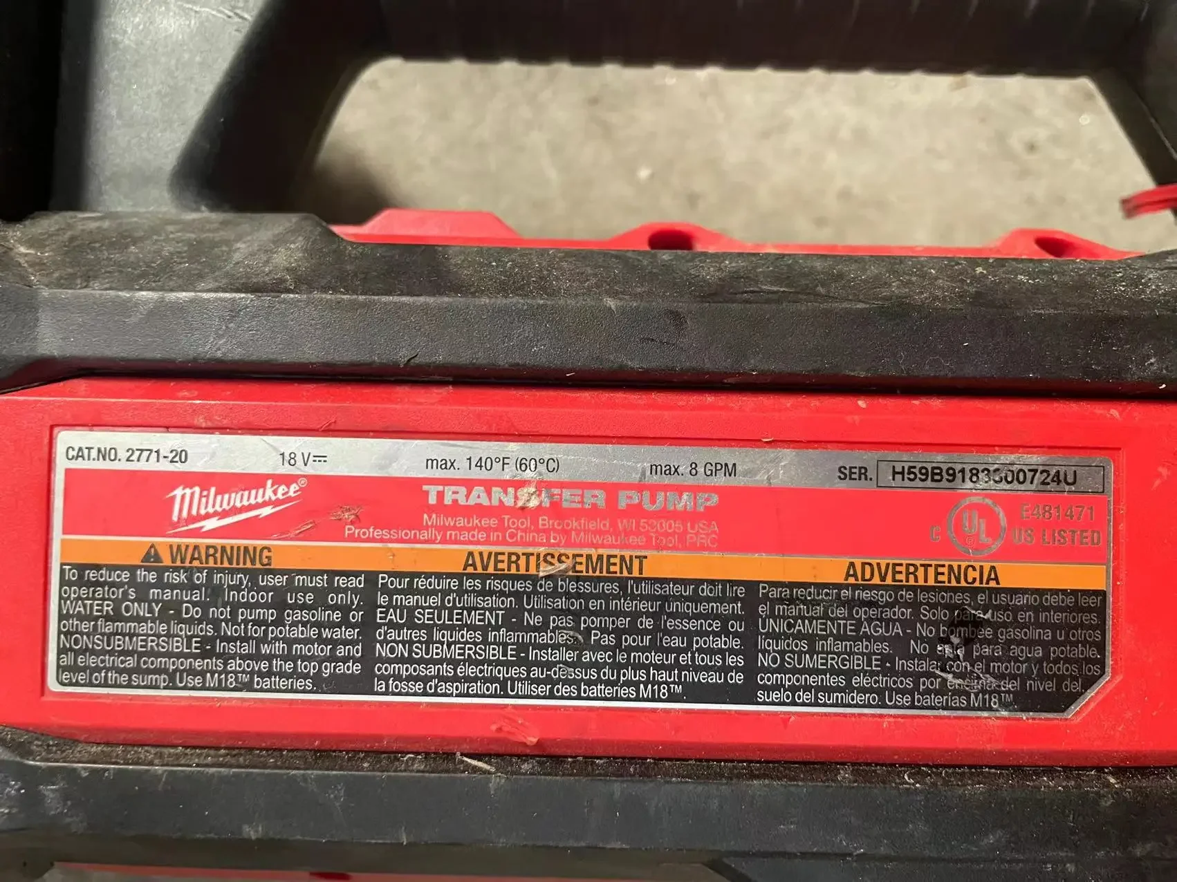 Milwaukee 2771-20 M18 Brandstof 18V Wateroverdrachtspomp-Kaal Gereedschap, Tweedehands