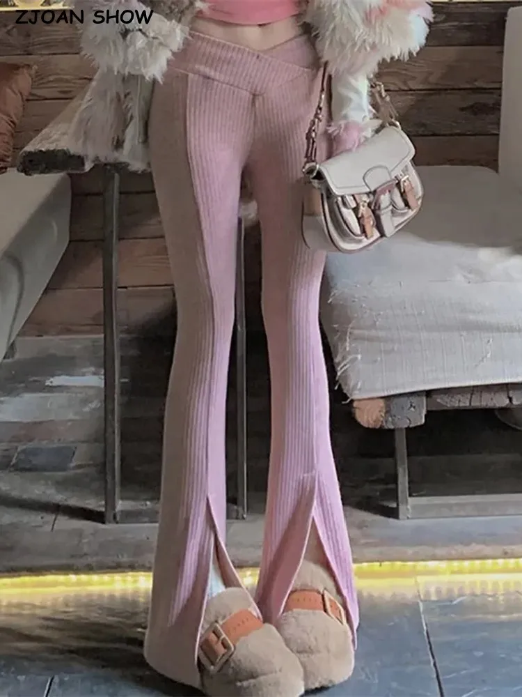 

2023 Spring American Retro Front Cuff Slit Ribbed Flare Pants Woman V low Waist Stretch Slim Skinny Trousers Legging Bottom Pink