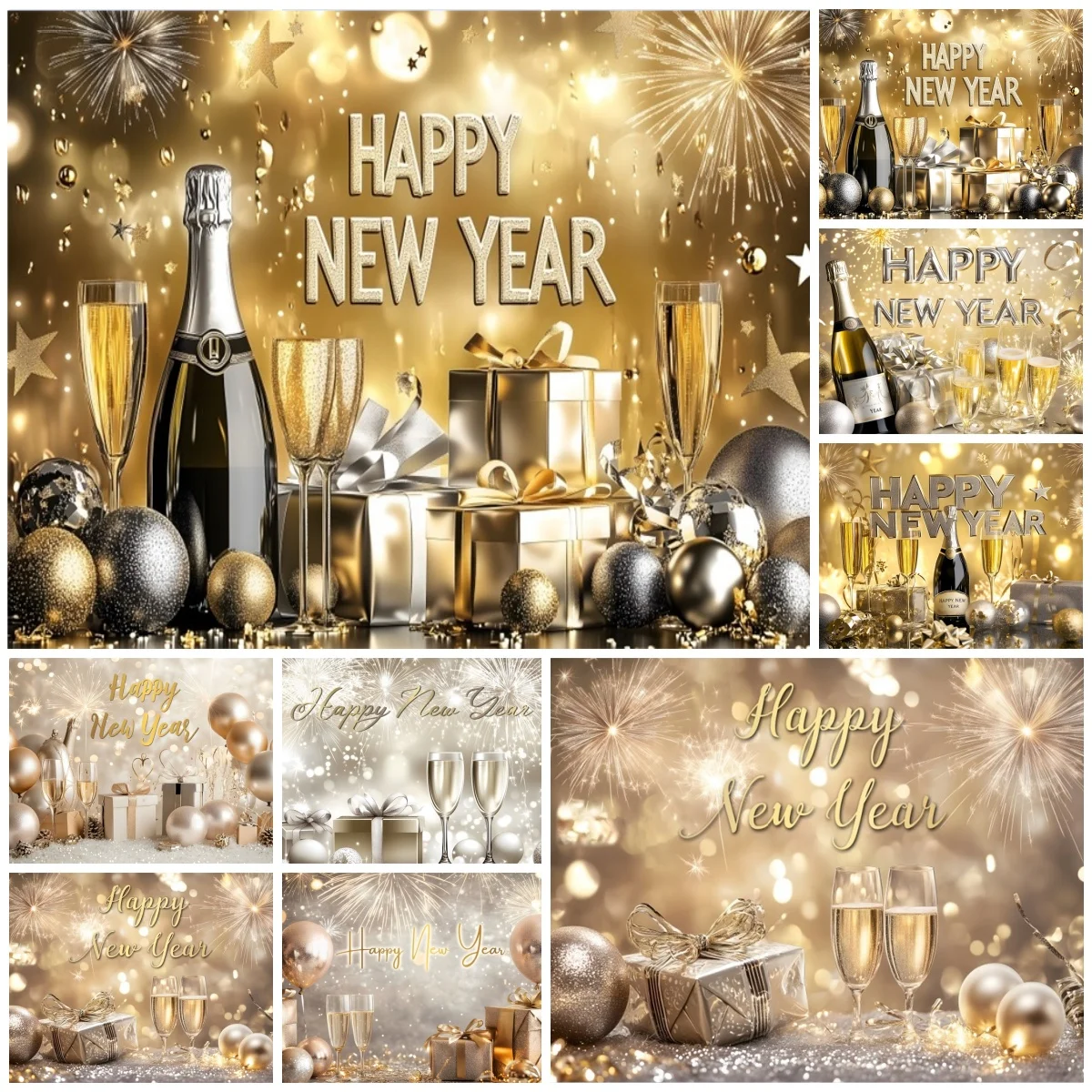 

2026 новогодние фоны для фотосъемки с золотым шампанским, подарки для компании, семейного праздника, портрета, декор, фоны для съемки