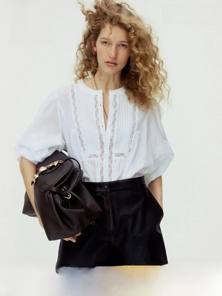 

H&M Women's Lace Shirt Summer New Style Vintage Lace Wind Shirt Thin Pleat Elegant Commuting Long Sleeve round Neck Button up