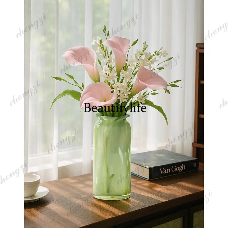 Glass vase ornament, high-end living room desktop water-raised flower arrangement decorative flower arrangement model