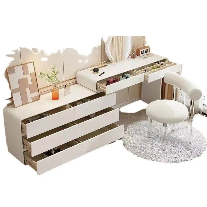 

Комод-тумба из массива дерева кремового цвета со встроенным выдвижным угловым шкафом и туалетным столиком для спальни