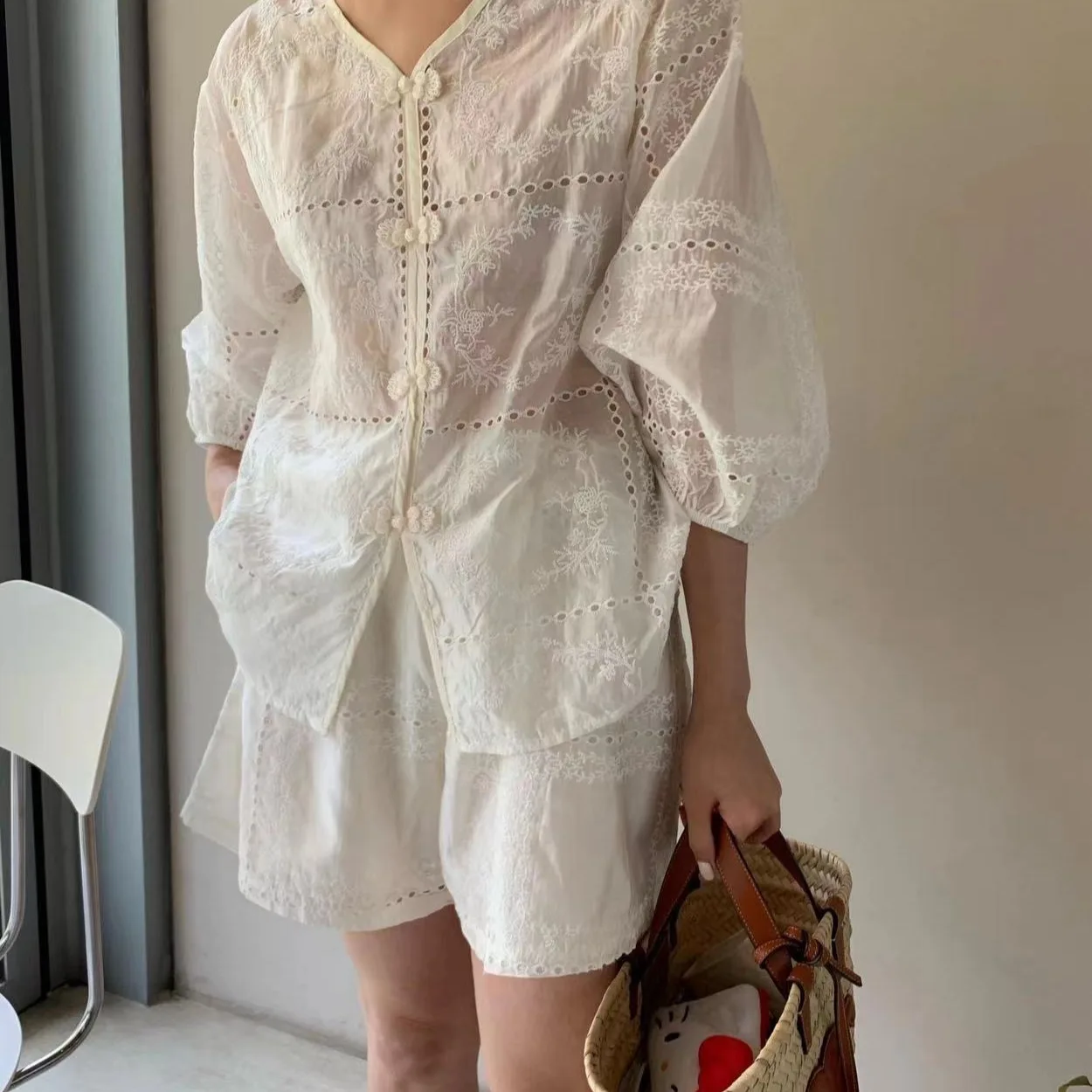 Nimo Home Chinese Style Embroidered Button Short Sleeve Cardigan Shorts with  Women's Fashion Set Summer Collection