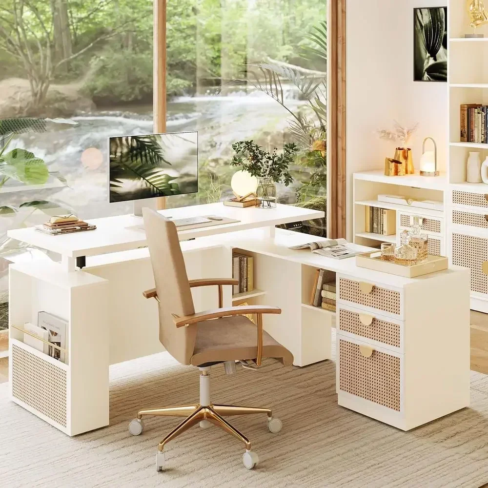 Executive L-Shaped Adjustable Standing Desk with 1.18 Thick White Rattan Top, Cable Management, and 3 Drawers