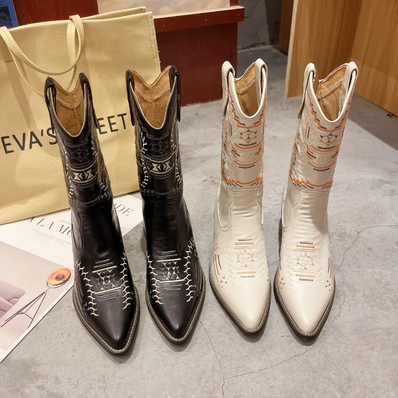 Western Cowboy Boots Women 2023 Winter New Fashion High Heel Pointed Toe Shoes Female slip on Mid-Calf Boots Zapatos De Mujer