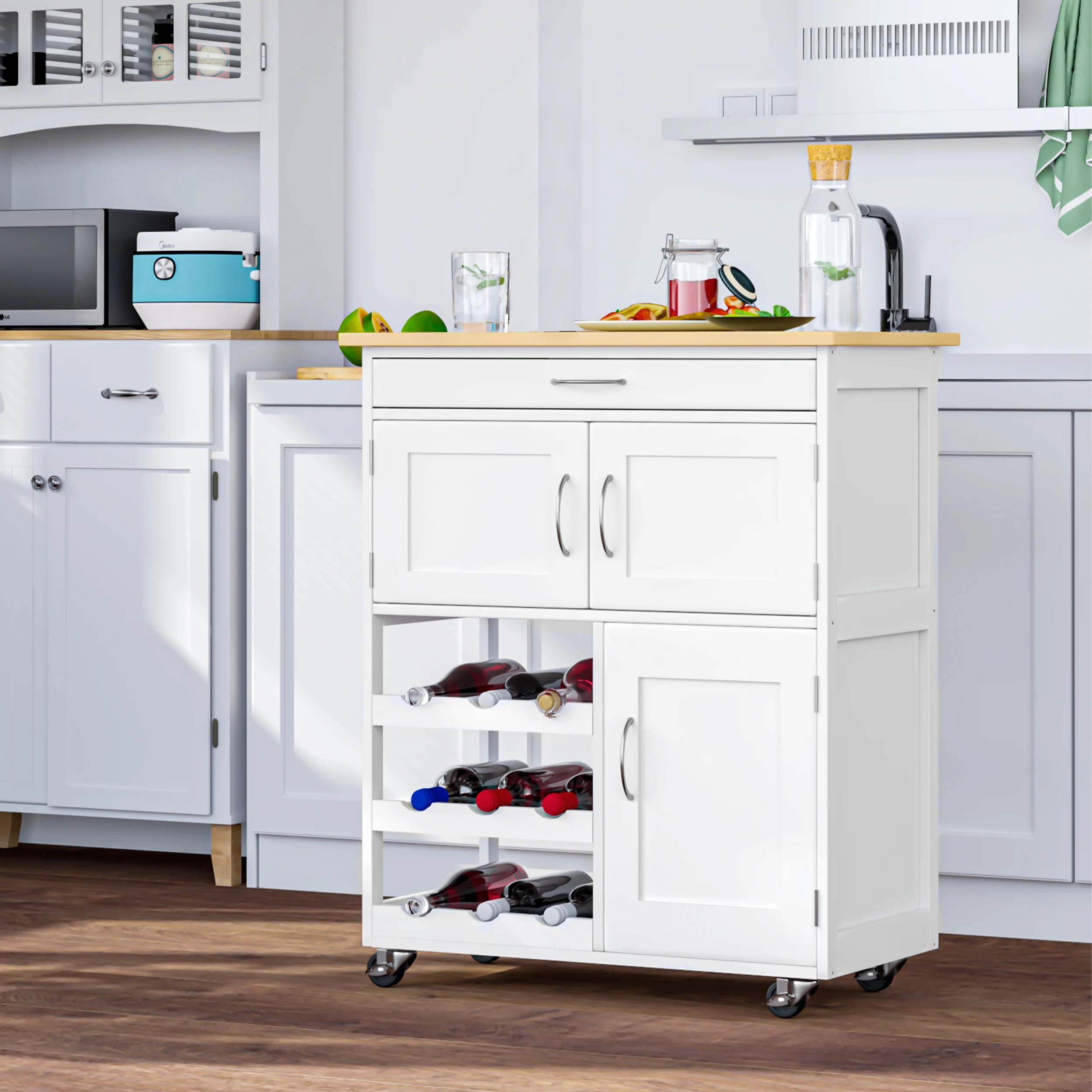 HOMCOM Carro de Cocina con Ruedas con Cajón 2 Armarios 3 Estantes 67x37x87 cm