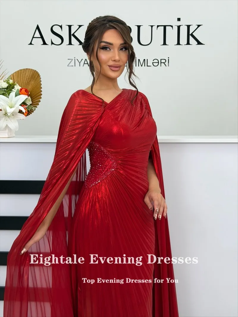 فساتين سهرة Eightale على شكل حرف v طيات طول الأرض مخصصة كريب أحمر مطرز بأكمام قصيرة للحفلات الراقصة فيستدو دي فييستا