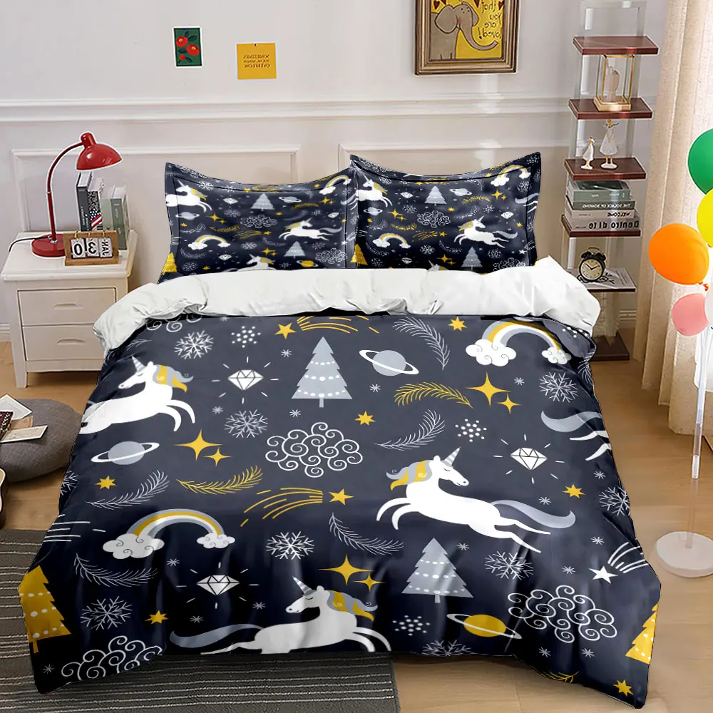 Fantasy Unicorn and Starry Elements Background Bedding set 3PC 1 duvet cover 2 pillowcases adult and children bedding set