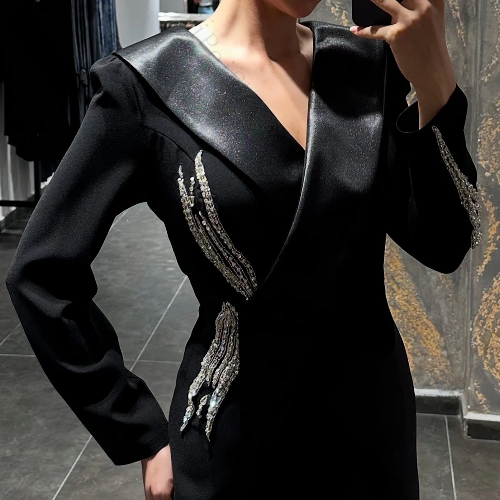 Abiti da sera a trapezio personalizzati Abito da ballo a maniche lunghe con scollo a V alla caviglia Abito da festa casual drappeggiato semplice in cristallo di moda