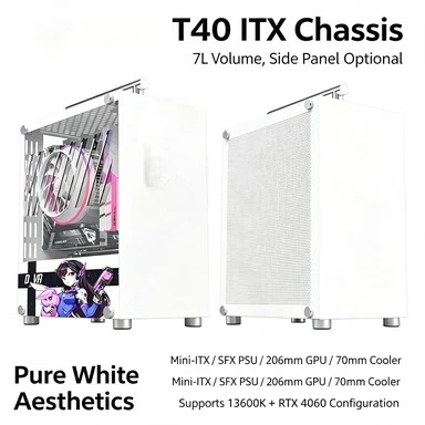 T40 Portable Mini ITX Chassis, White Transparent Panel, Pink‑Blue Appearance, SFX PSU Support