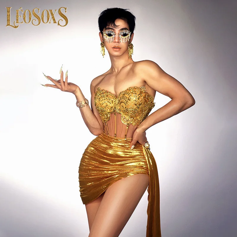 LEOSOXS Golden Shiny Diamond เซ็กซี่ Sheer Hot สไตล์ Gold Sheer Tube Top + แฟชั่น Hot Party Performance Dress กระโปรงสั้น
