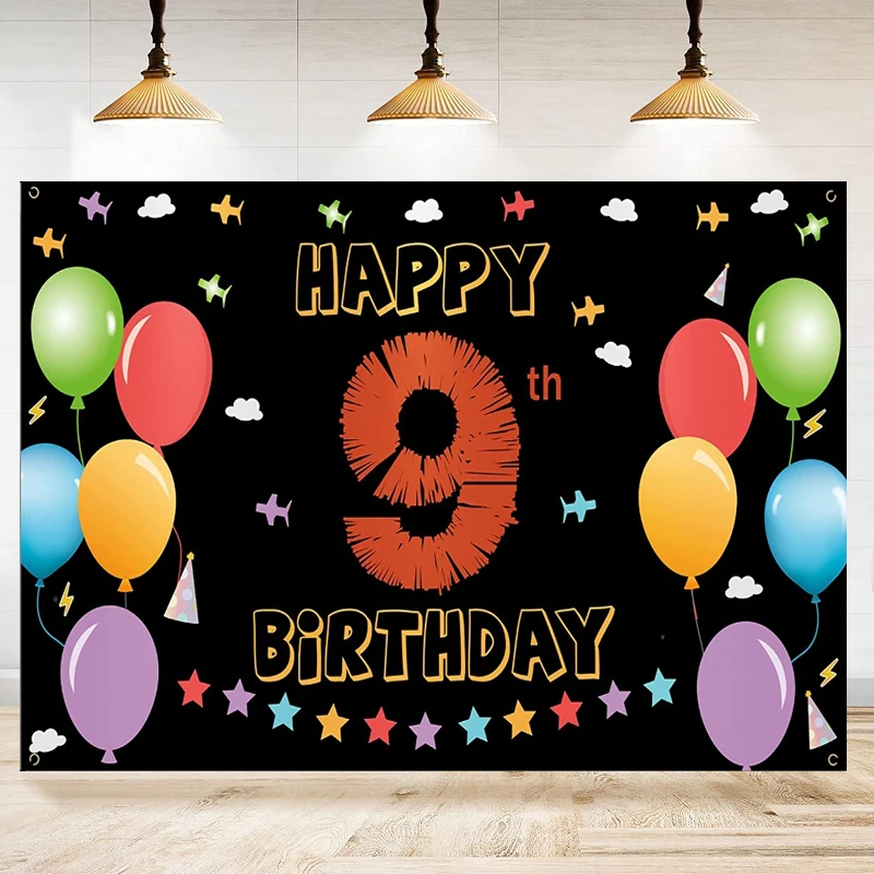 Photography Backdrop Sign Colorful Balloon Ninth For Girls Boys Happy 9th Year Old Party Poster Background Banner Decoration