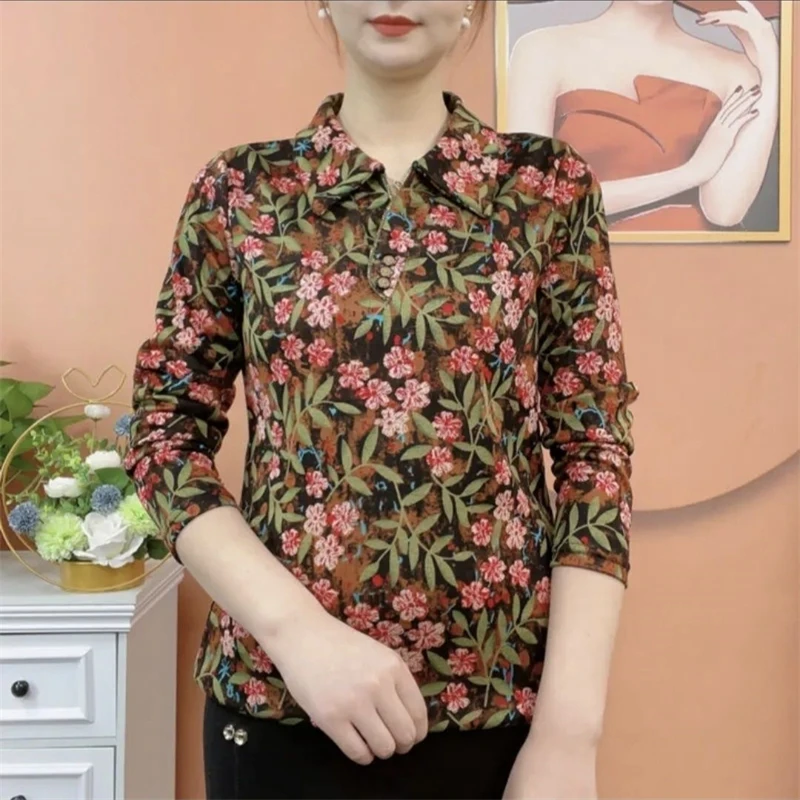 Women's Vintage Floral Printed Polo Collar Basic T-shirts Spring Autumn Fashion Long Sleeve Loose Pullover Tops Female Clothing