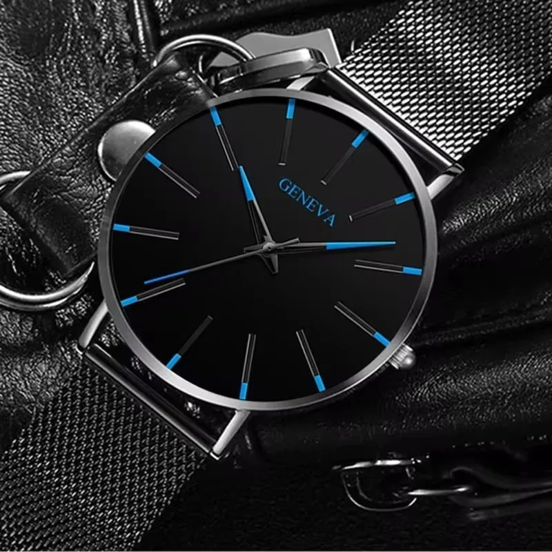 Geneva Watch Men Ultra Thin Watches Black Steel Mesh Band Quartz Wristwatches Men Sports Watches Montre Homme Horloge Heren