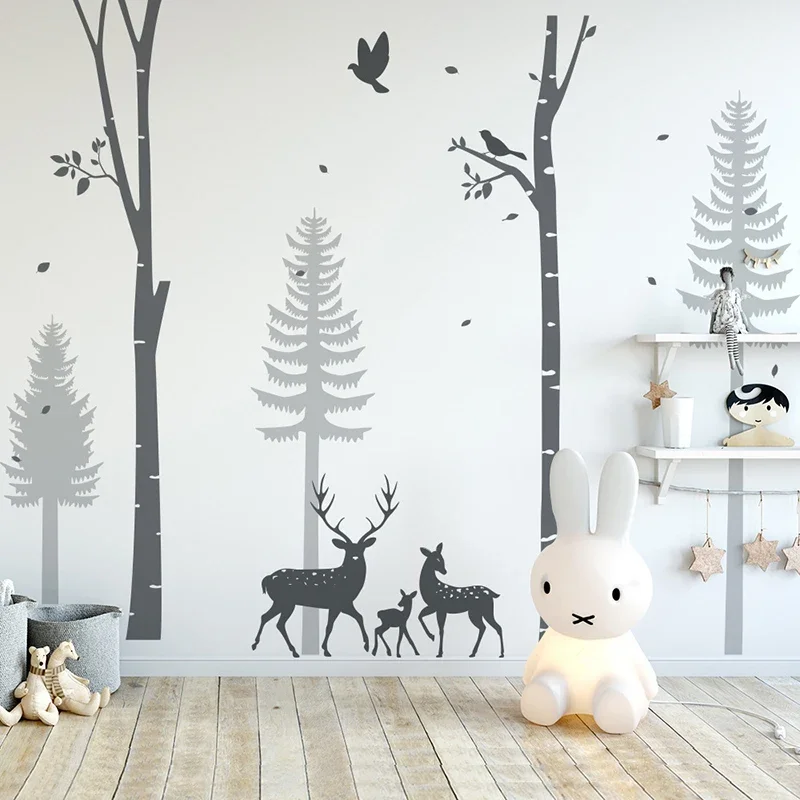 Large Pine Trees with Deers Wall Sticker Dream Forest Theme Pine Wallpaper for Kindergarten Playrooms Kids Room Wall Decoration