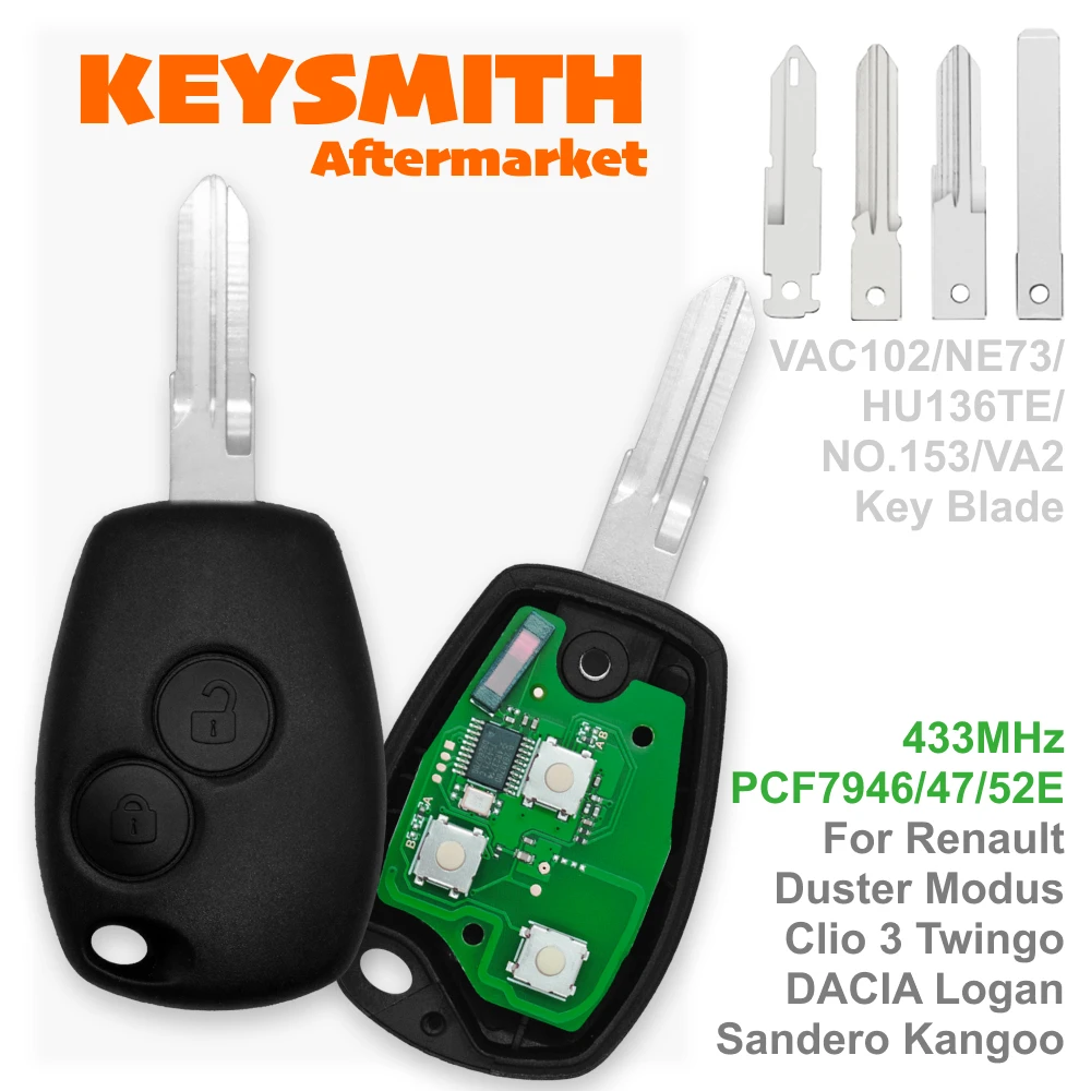 

KEYSMITH 2 Buttons Remote Key For Renault Duster Modus Clio 3 Twingo DACIA Logan Sandero Kangoo 433MHz PCF79/46/47/52E Chip