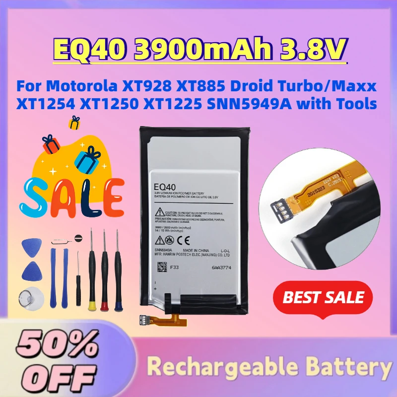 

New EQ40 3900mAh 3.8V Mobile Phone Battery for Motorola XT928 XT885 Droid Turbo/Maxx XT1254 XT1250 XT1225 SNN5949A with Tools