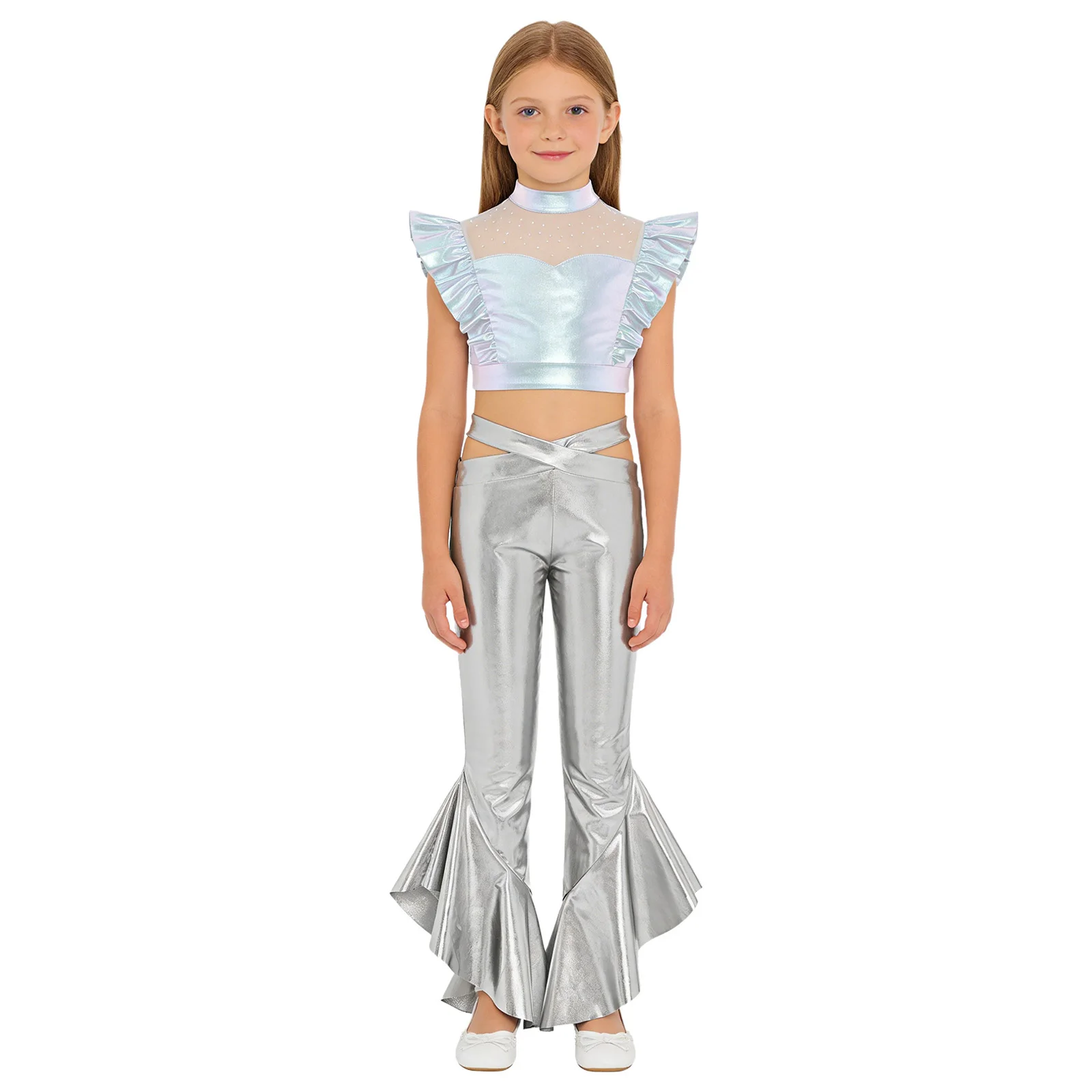 

Kids Girls 70s Disco Jazz Tango Dance Costume Outfit Sleeveless Mesh Crop Top And Flared Pants Performance Cheerleader Dancewear