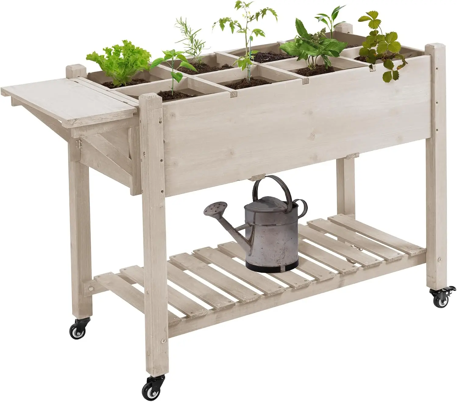 Wooden Raised Garden Bed with 8 Grow Grids Elevated Planter Box with Wheels Folding Side Table Standing Herb Flower Plant Stand with Storage Shelf Natural