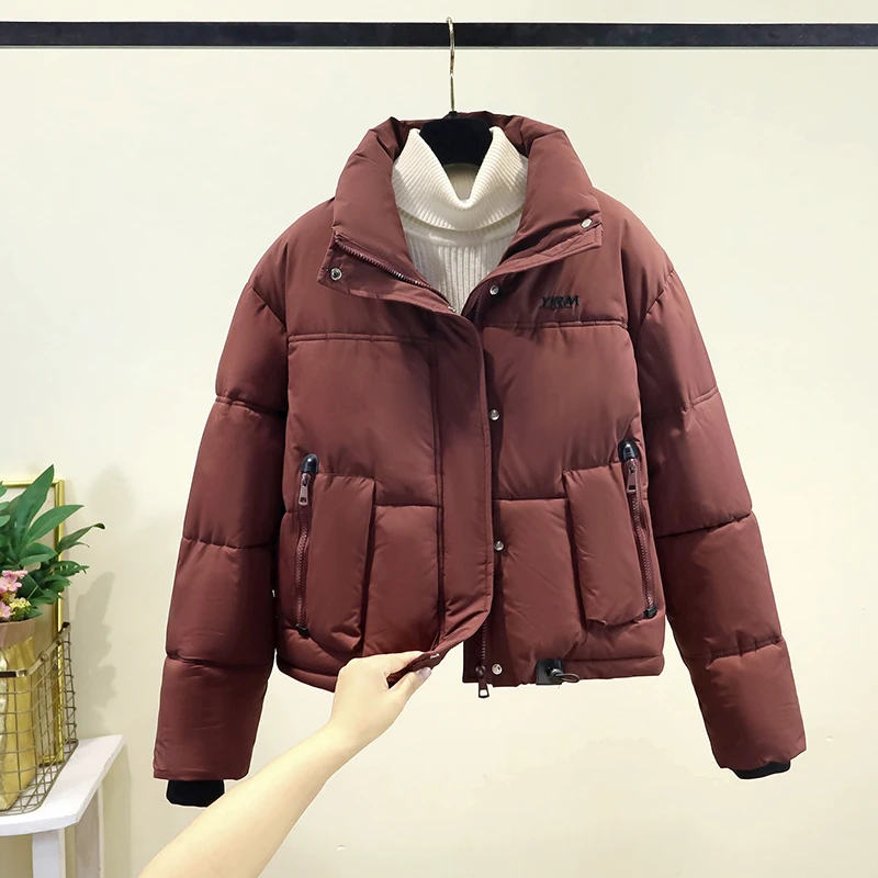 

Women's ort down Cotton Jaet Winter Thiened Loose Collar Coat Korean Sle Straight Tube Long Sve Zipper Pure Color