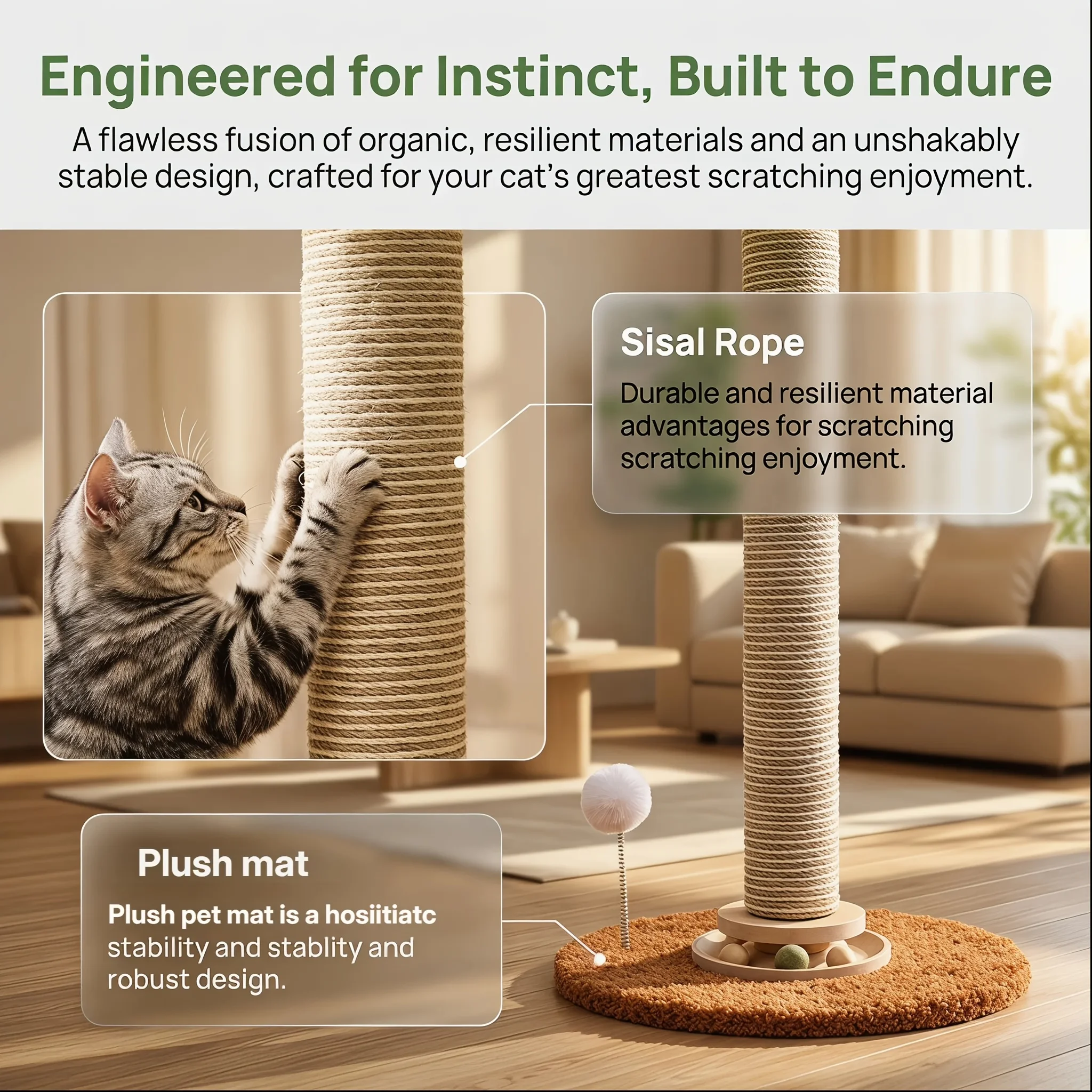 

32 Inch Cat Scratching Post & Tree Tower - Tall Cat Scratcher for Indoor Cats with Sisal Rope, Hanging Ball Toy And Stable Base