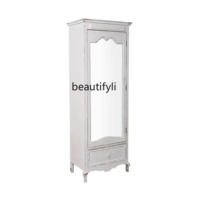 

French Solid Wood Wardrobe Home Bedroom Layered Partition Retro Bed & Breakfast Storage Cabinet Mirror High Cabinet