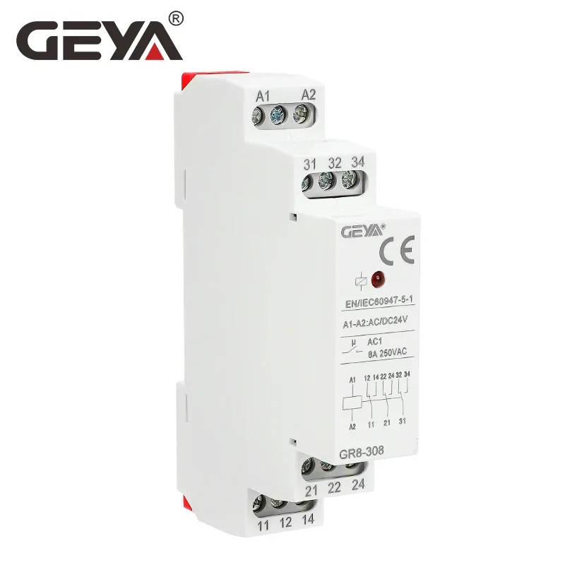 GEYA Din 레일 타입 스위치 릴레이, 중간 릴레이 보조 릴레이, GR8 AC DC 12V, 24V, 48V, 8A, 16A, ROHS 승인