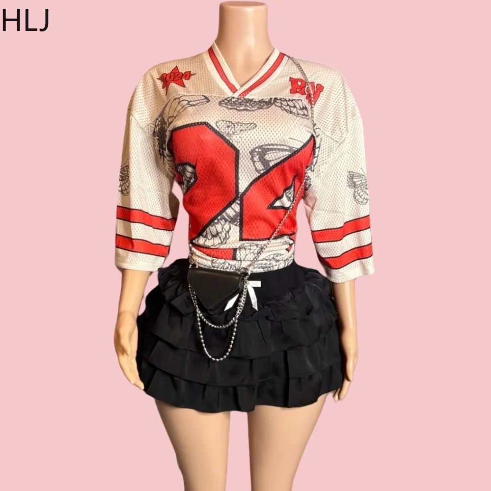 HLJ Sweet Bow Ruched Mini Skirts Two Piece Sets Women Letter Print Basketaball Tshirt And Skirts Outfits Fashion Y2K Streetwear