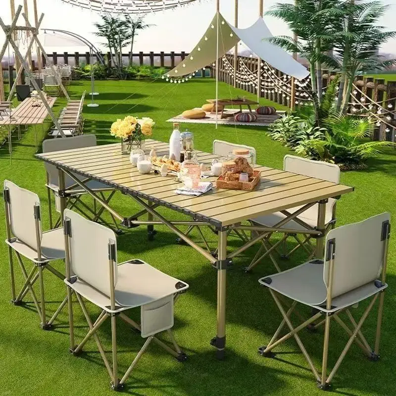 Outdoor Folding Table, Portable Roll-Up Long Table for Camping Picnic BBQ, Heavy Alloy Lightweight Desk with Storage Bag